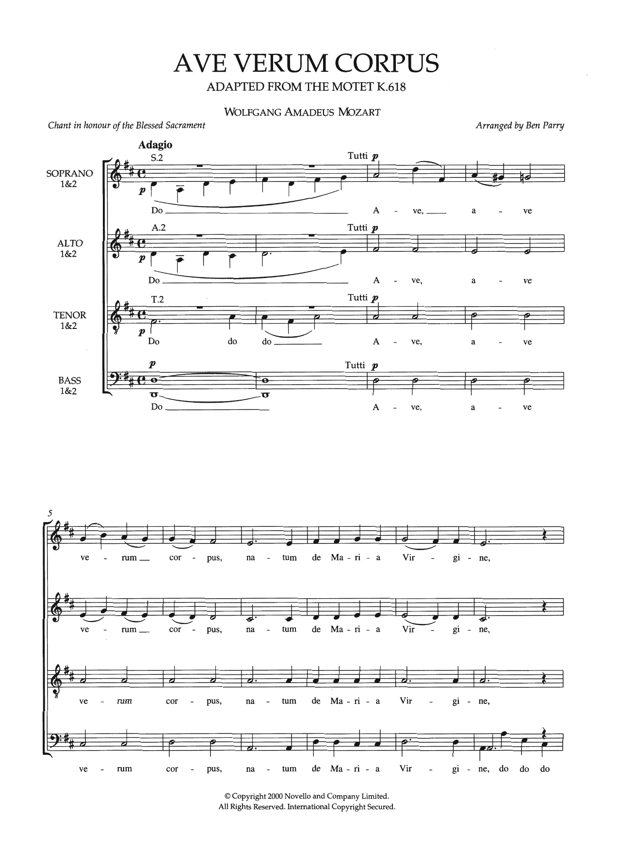 Download Ben Parry Ave Verum Corpus, K618 (arr. Ben Parry) Sheet Music and learn how to play Piano, Vocal & Guitar PDF digital score in minutes