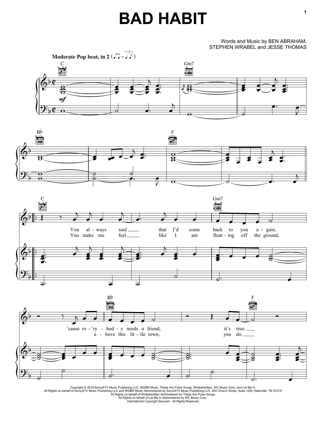 Download Ben Platt Bad Habit Sheet Music and learn how to play Piano, Vocal & Guitar Chords (Right-Hand Melody) PDF digital score in minutes