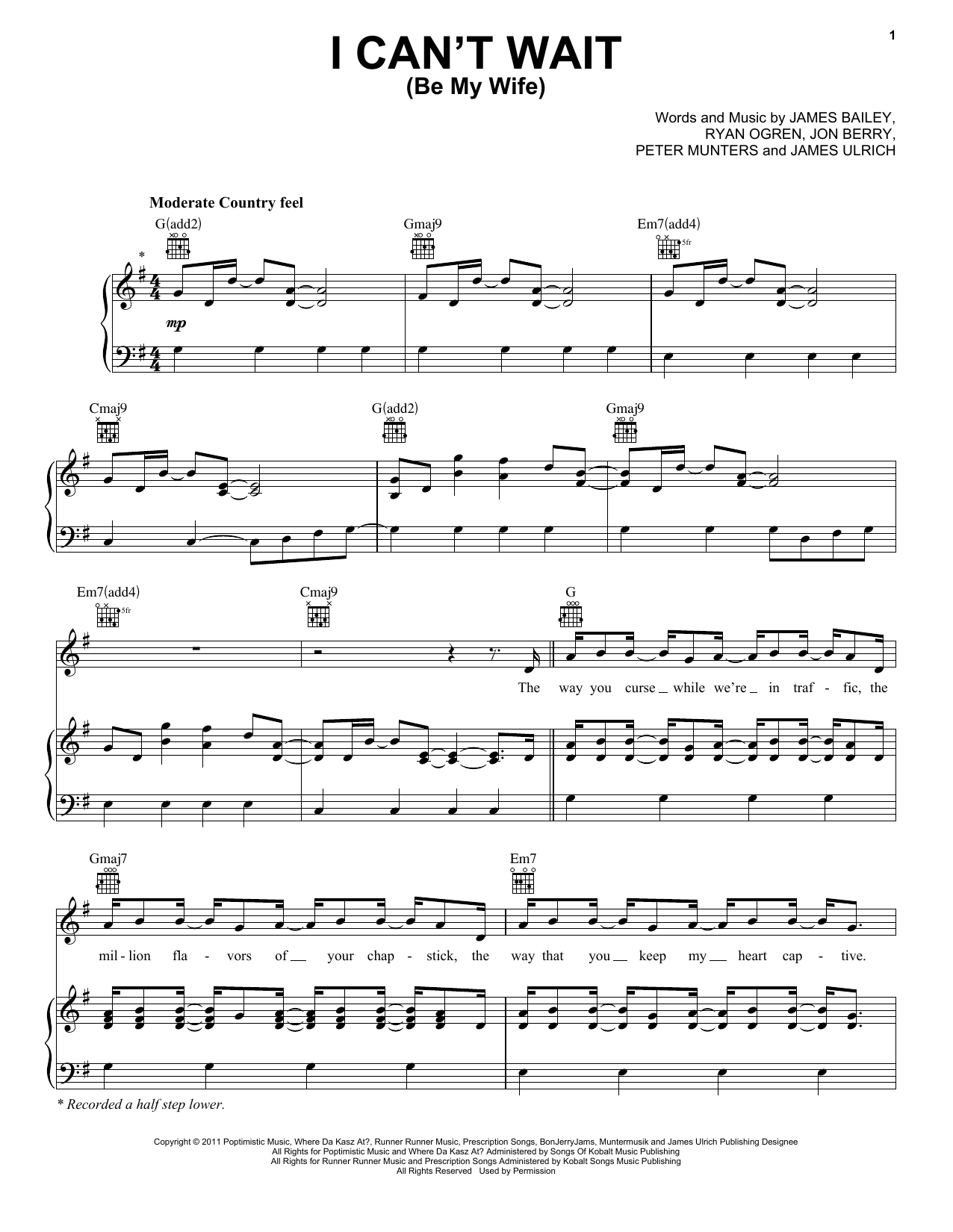 Download Ben Rue I Can't Wait (Be My Wife) Sheet Music and learn how to play Piano, Vocal & Guitar (Right-Hand Melody) PDF digital score in minutes