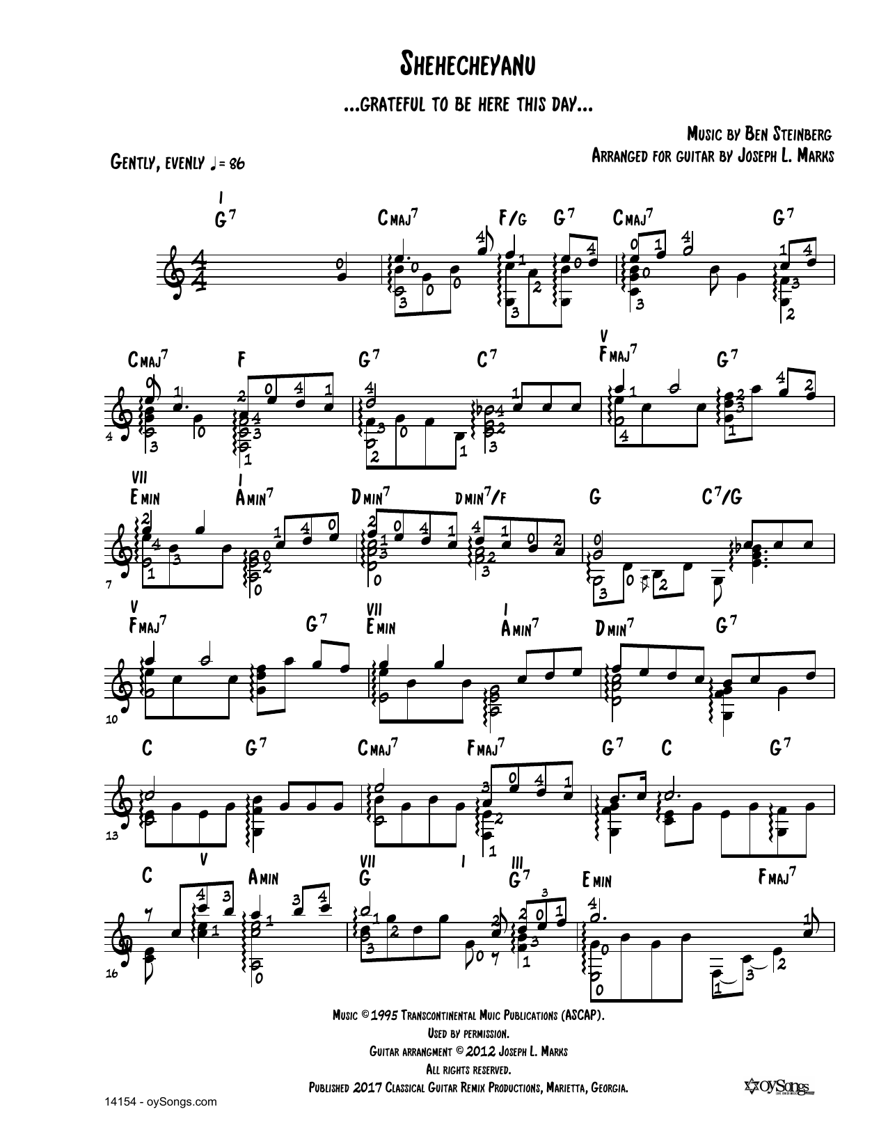 Download Ben Steinberg Shehecheyanu (arr. Joe Marks) Sheet Music and learn how to play Solo Guitar PDF digital score in minutes