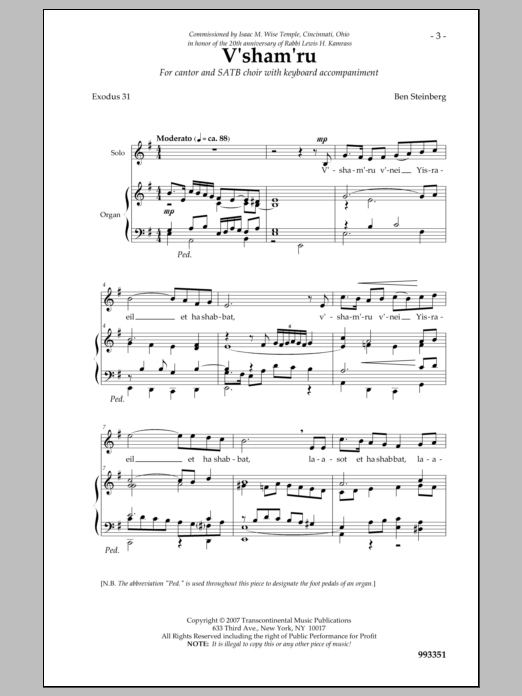 Download Ben Steinberg V'shamru Sheet Music and learn how to play SATB Choir PDF digital score in minutes