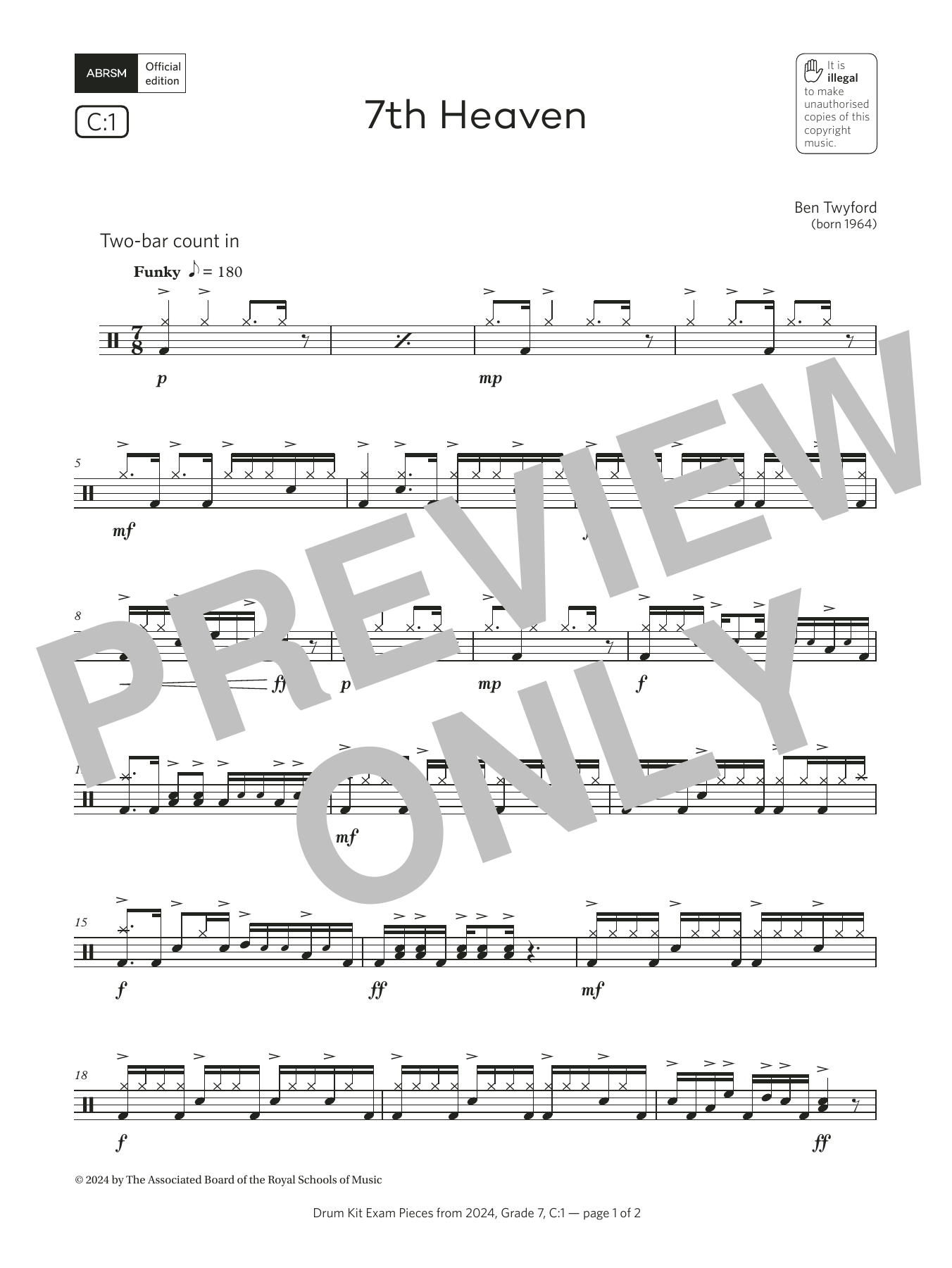 Download Ben Twyford 7th Heaven (Grade 7, list C1, from the ABRSM Drum Kit Syllabus 2024) Sheet Music and learn how to play Drums PDF digital score in minutes