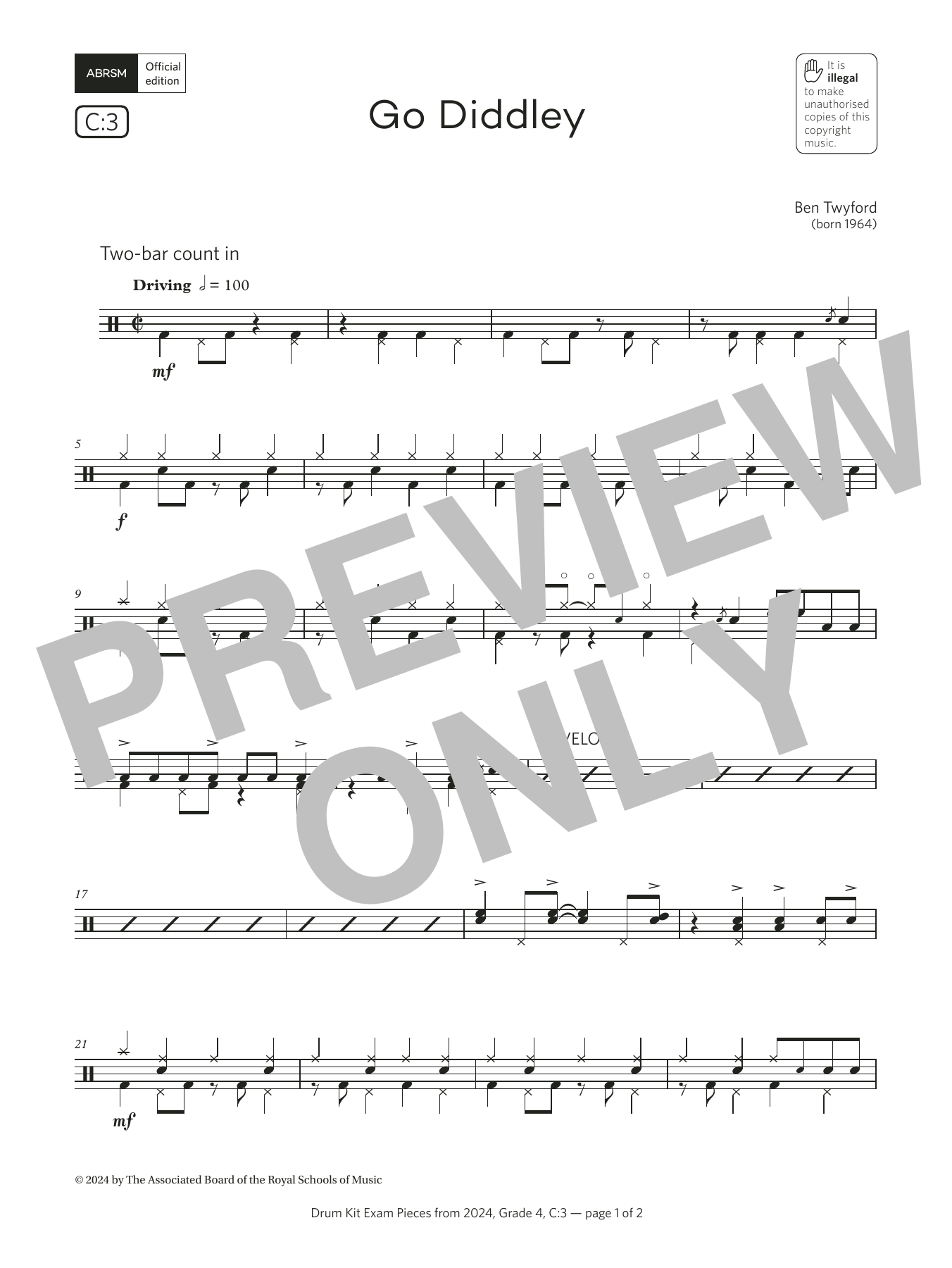 Download Ben Twyford Go Diddley (Grade 4, list C3, from the ABRSM Drum Kit Syllabus 2024) Sheet Music and learn how to play Drums PDF digital score in minutes