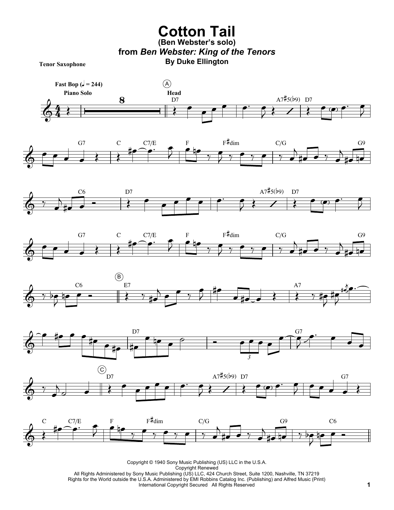 Download Ben Webster Cotton Tail Sheet Music and learn how to play Tenor Sax Transcription PDF digital score in minutes