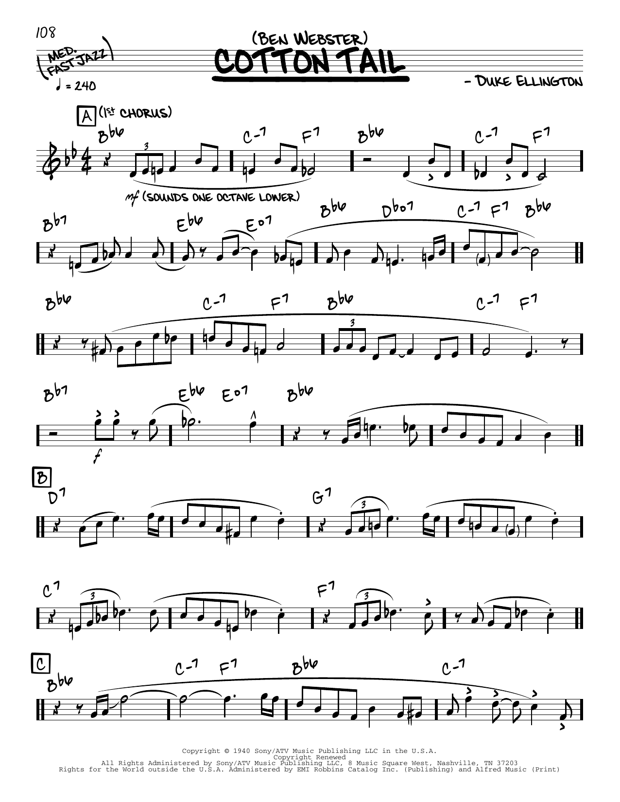 Download Ben Webster Cotton Tail (solo only) Sheet Music and learn how to play Real Book – Melody & Chords PDF digital score in minutes