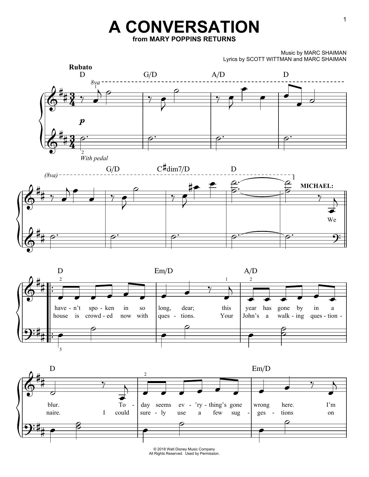 Download Ben Whishaw A Conversation (from Mary Poppins Returns) Sheet Music and learn how to play Piano, Vocal & Guitar Chords (Right-Hand Melody) PDF digital score in minutes