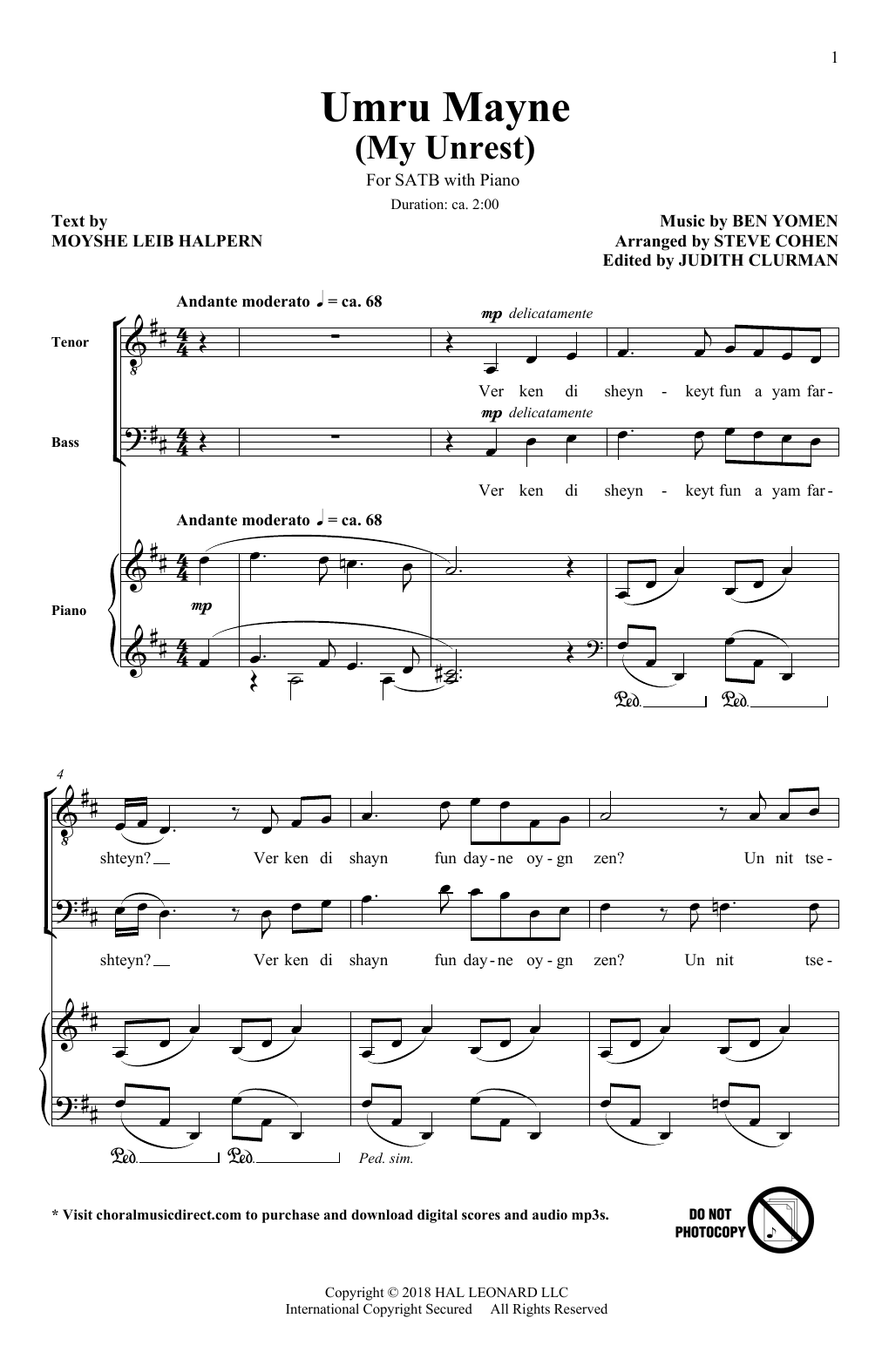 Download Ben Yomen Umru Mayne (My Unrest) (arr. Steve Cohen) Sheet Music and learn how to play SATB Choir PDF digital score in minutes