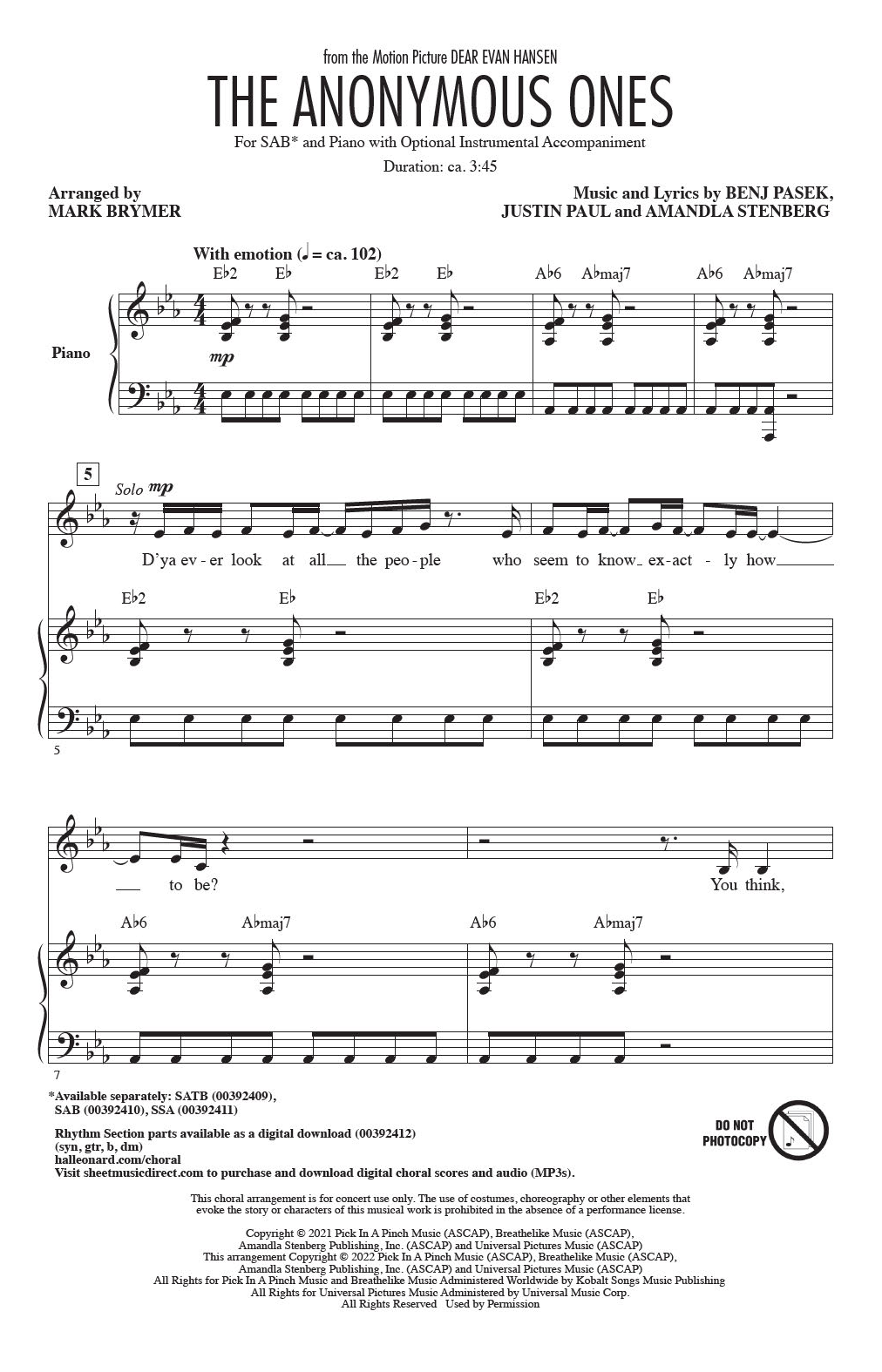 Download Benj Pasek, Justin Paul & Amandla Stenberg The Anonymous Ones (from Dear Evan Hansen) (arr. Mark Brymer) Sheet Music and learn how to play SATB Choir PDF digital score in minutes