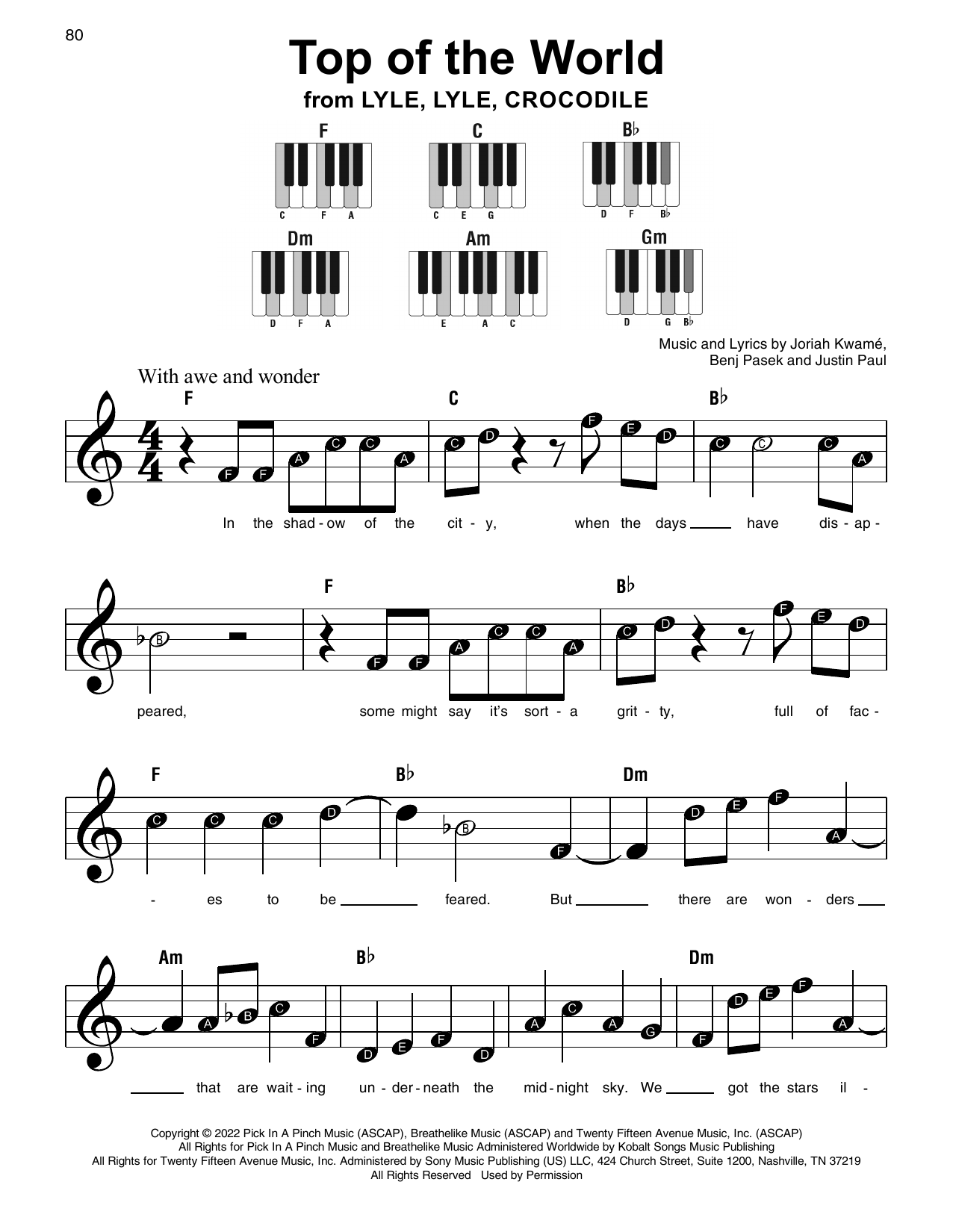 Download Benj Pasek Top Of The World (from Lyle, Lyle Crocodile) Sheet Music and learn how to play Super Easy Piano PDF digital score in minutes