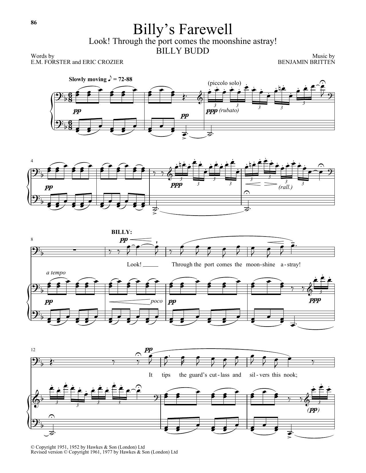 Download Benjamin Britten Billy's Farewell (Look! Through The Port Comes The Moonshine Astray!) Sheet Music and learn how to play Piano & Vocal PDF digital score in minutes