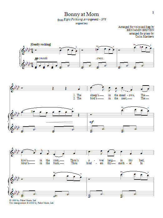 Download Benjamin Britten Bonny at morn (from Eight Folksong Arrangements - 1976) Sheet Music and learn how to play Piano & Vocal PDF digital score in minutes