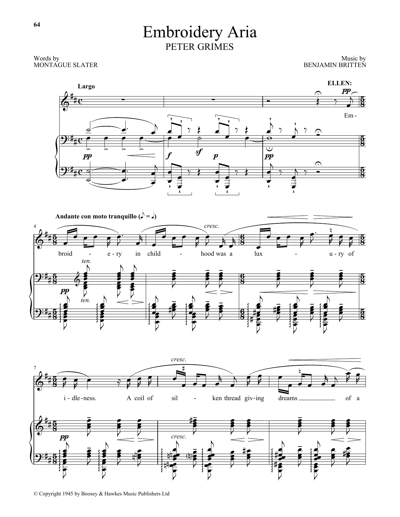 Download Benjamin Britten Embroidery Aria (from Peter Grimes) Sheet Music and learn how to play Piano & Vocal PDF digital score in minutes