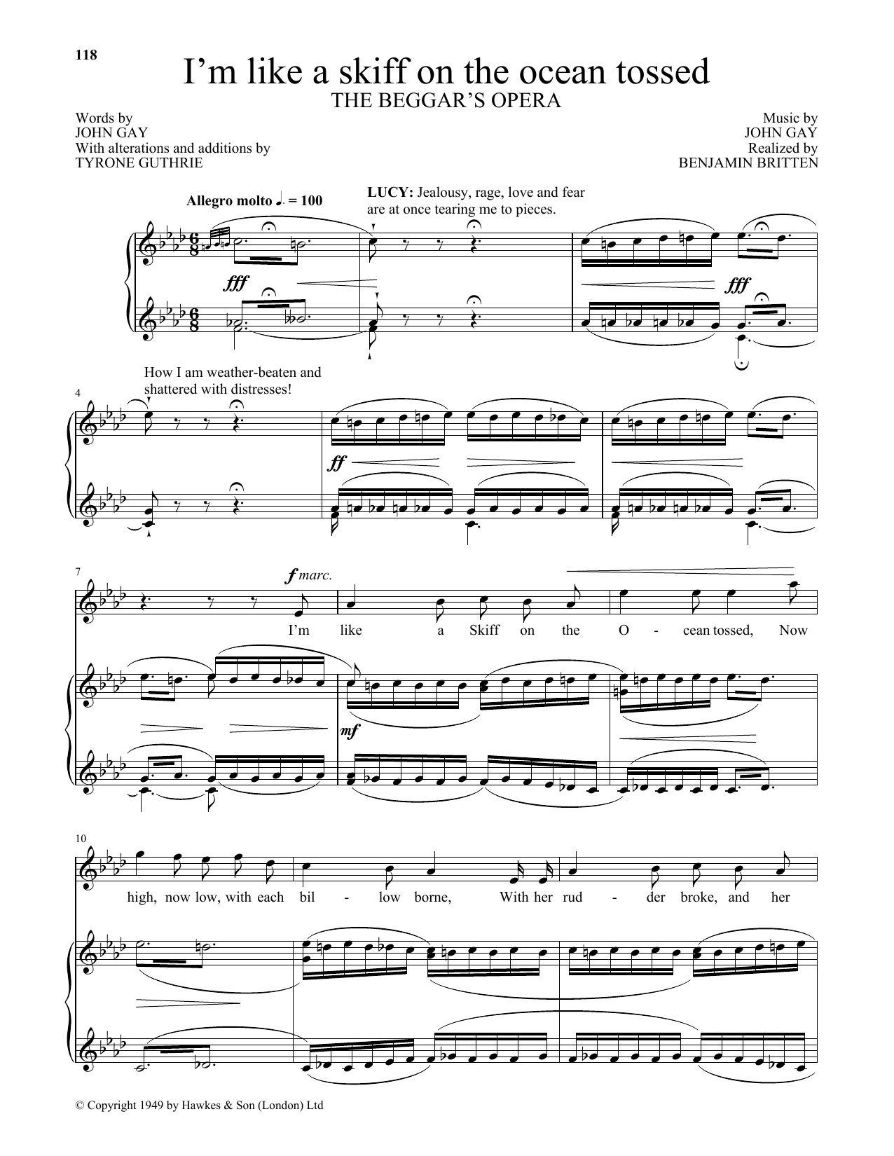 Download Benjamin Britten I'm like a skiff on the ocean tossed (from The Beggar's Opera) Sheet Music and learn how to play Piano & Vocal PDF digital score in minutes