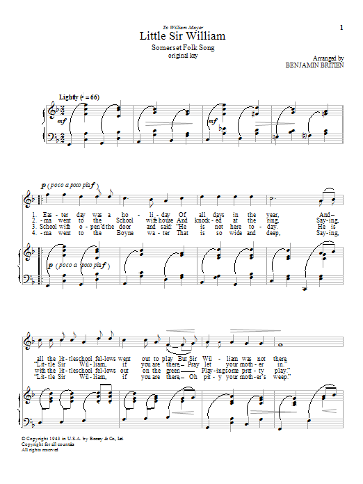 Download Benjamin Britten Little Sir William Sheet Music and learn how to play Piano & Vocal PDF digital score in minutes