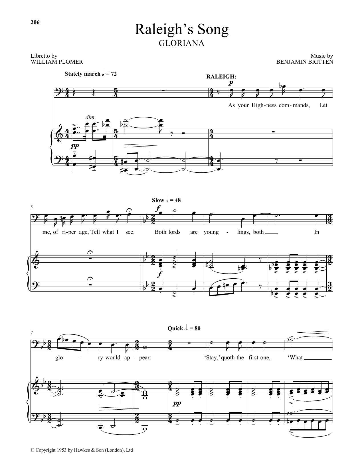 Download Benjamin Britten Raleigh's Song (from Gloriana) Sheet Music and learn how to play Piano & Vocal PDF digital score in minutes