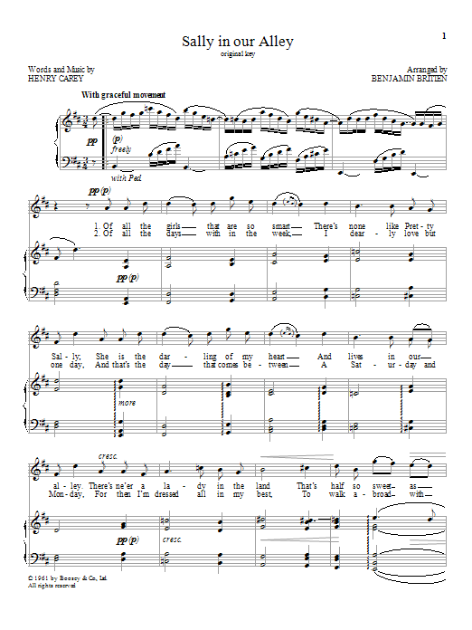 Download Benjamin Britten Sally in our Alley Sheet Music and learn how to play Piano & Vocal PDF digital score in minutes