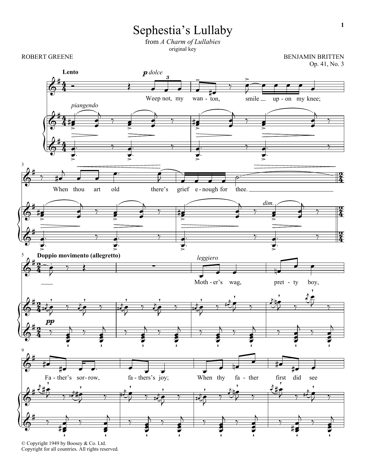 Download Benjamin Britten Sephestia's Lullaby Sheet Music and learn how to play Piano & Vocal PDF digital score in minutes