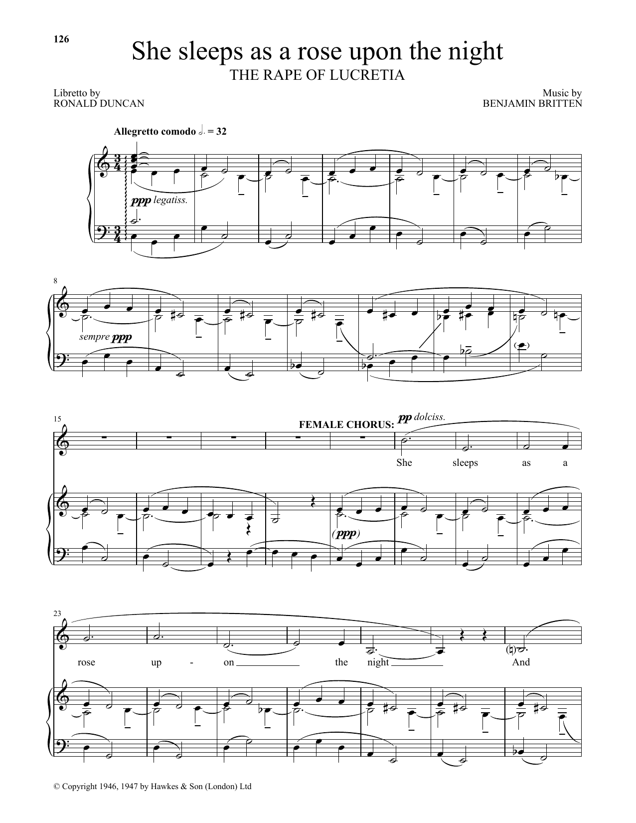 Download Benjamin Britten She sleeps as a rose upon the night (from The Rape Of Lucretia) Sheet Music and learn how to play Piano & Vocal PDF digital score in minutes