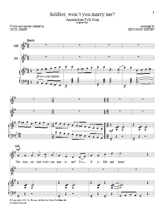 Download Benjamin Britten Soldier, won't you marry me? Sheet Music and learn how to play Performance Ensemble PDF digital score in minutes