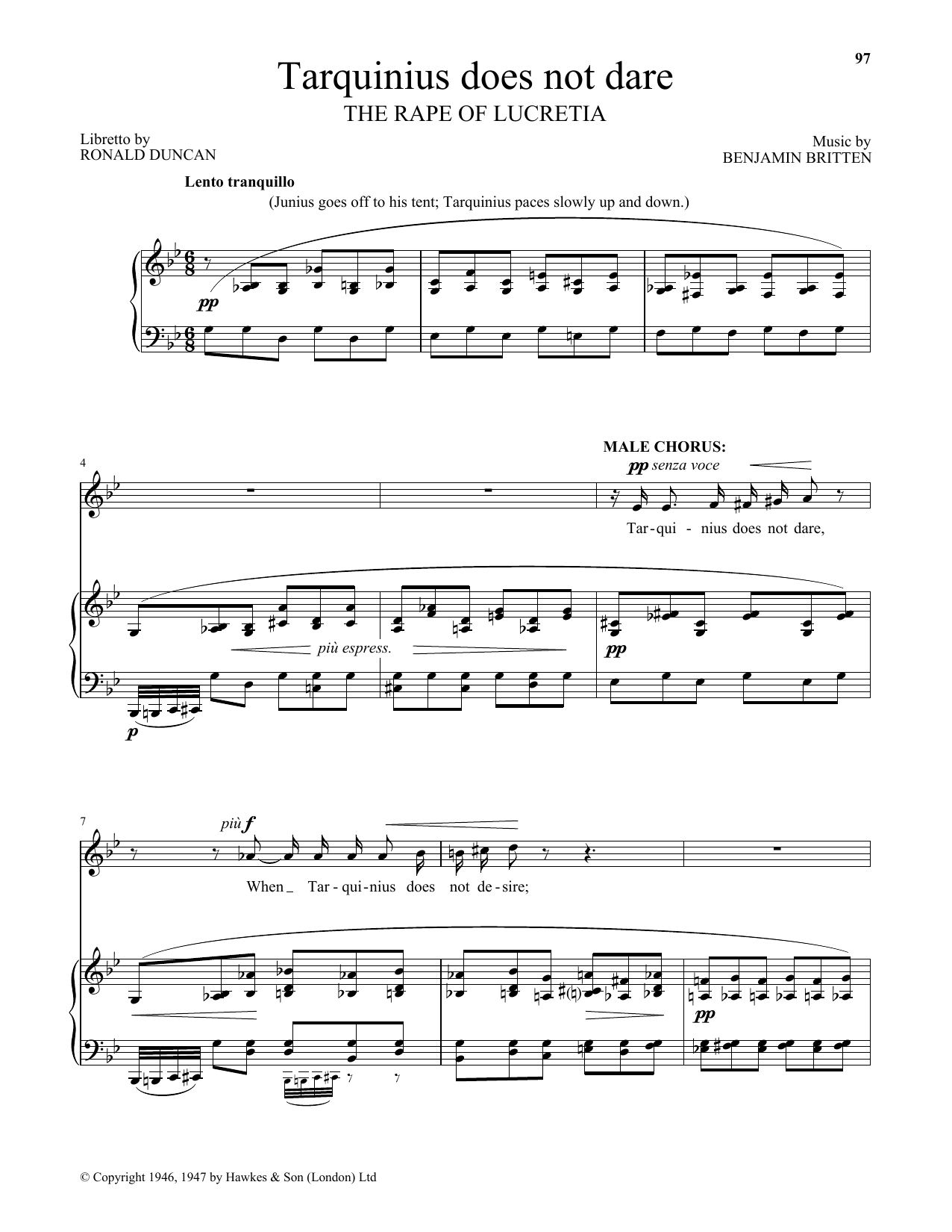 Download Benjamin Britten Tarquinius does not dare (from The Rape Of Lucretia) Sheet Music and learn how to play Piano & Vocal PDF digital score in minutes