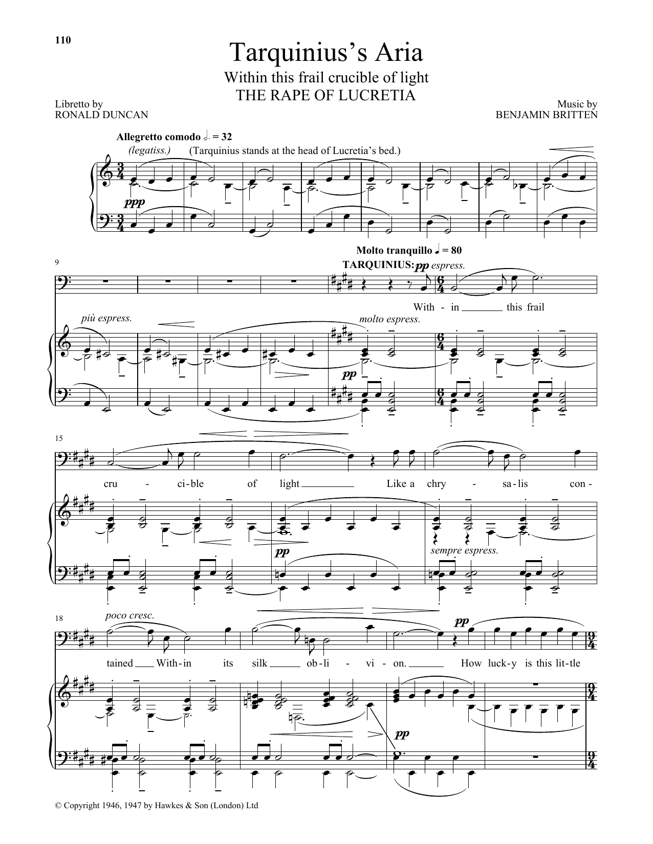Download Benjamin Britten Tarquinius's Aria (Within this frail crucible of light) (from The Rape Of Lucret Sheet Music and learn how to play Piano & Vocal PDF digital score in minutes