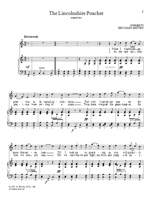 Download Benjamin Britten The Lincolnshire Poacher Sheet Music and learn how to play Piano & Vocal PDF digital score in minutes