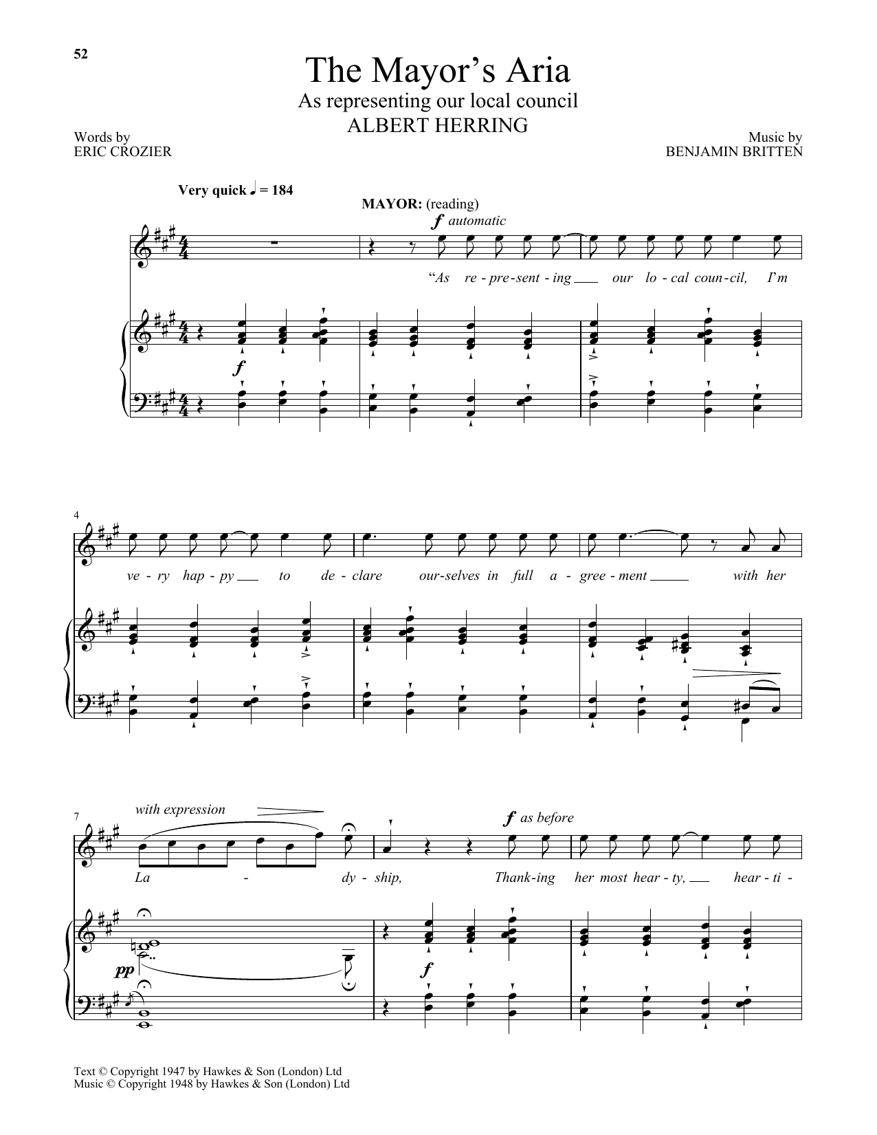 Download Benjamin Britten The Mayor's Aria (from Albert Herring) Sheet Music and learn how to play Piano & Vocal PDF digital score in minutes