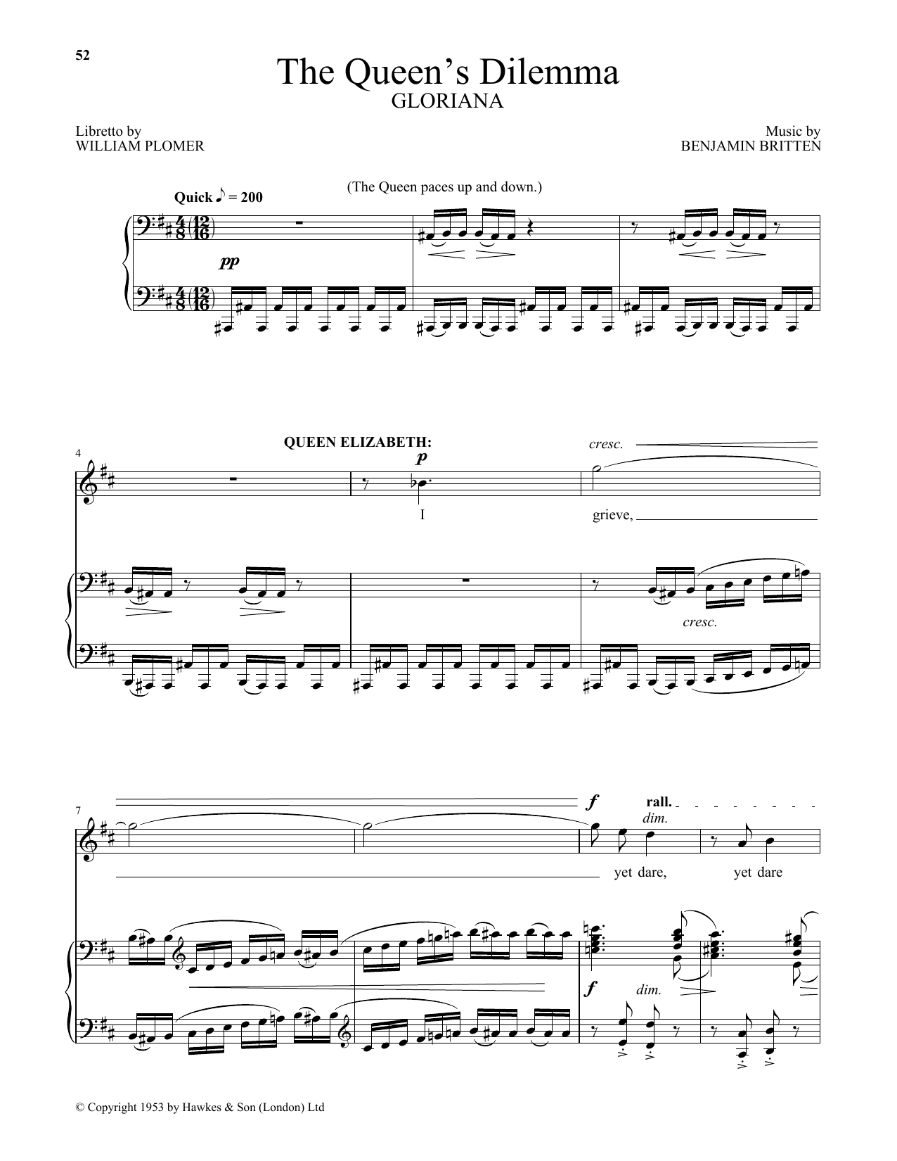 Download Benjamin Britten The Queen's Dilemma (from Gloriana) Sheet Music and learn how to play Piano & Vocal PDF digital score in minutes