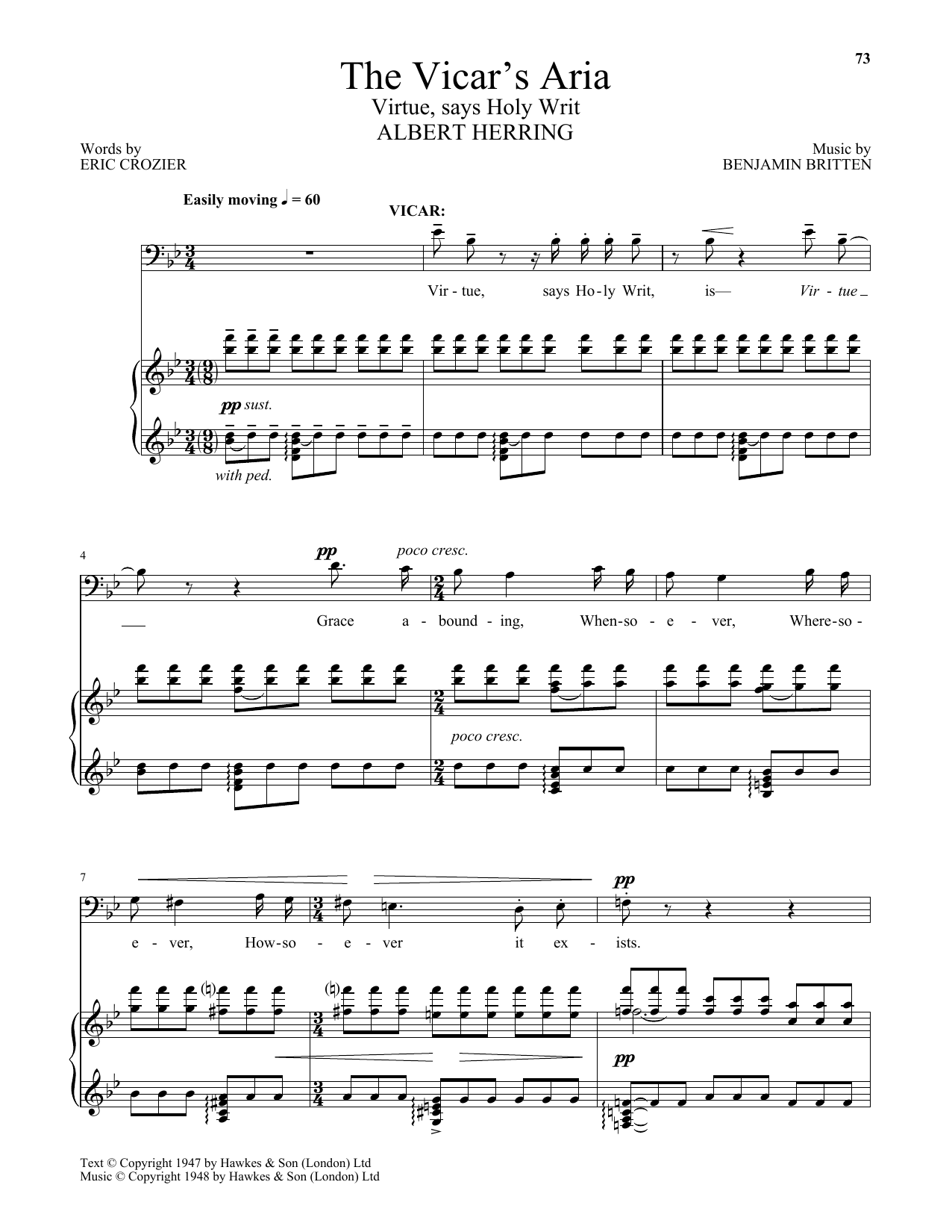 Download Benjamin Britten The Vicar's Aria (Virtue, says Holy Writ) (from Albert Herring) Sheet Music and learn how to play Piano & Vocal PDF digital score in minutes