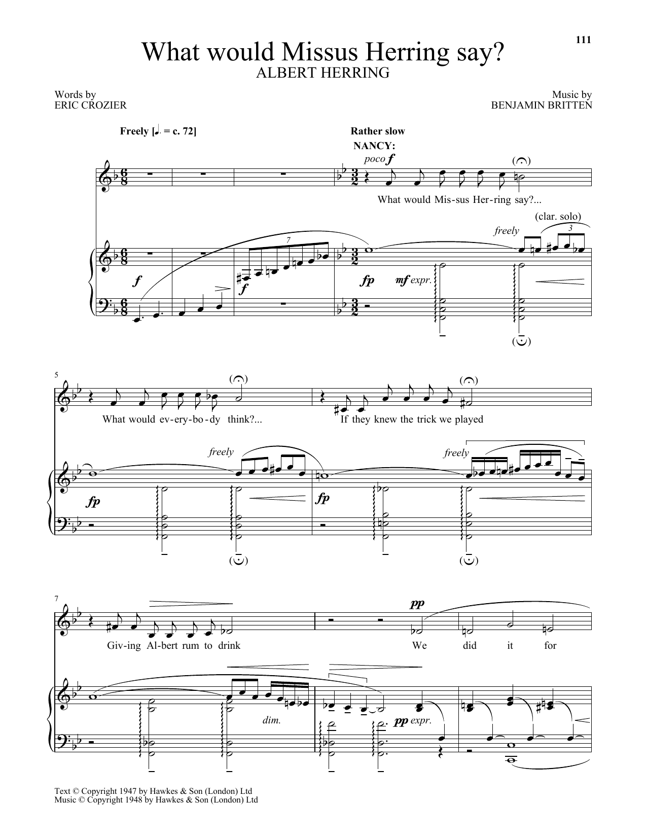 Download Benjamin Britten What would Missus Herring say? (from Albert Herring) Sheet Music and learn how to play Piano & Vocal PDF digital score in minutes