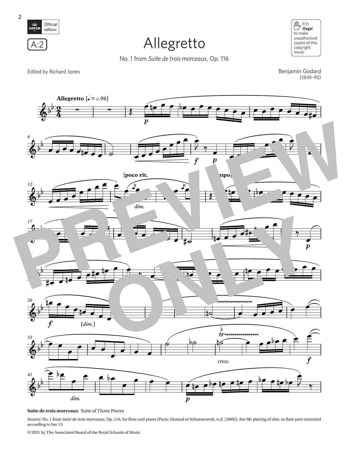 Download Benjamin Godard Allegretto (from Suite de trois morceaux) (Grade 6 List A2 from the ABRSM Flute Sheet Music and learn how to play Flute Solo PDF digital score in minutes