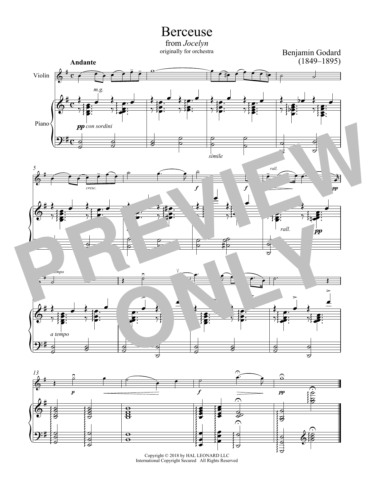 Download Benjamin Godard Berceuse Sheet Music and learn how to play Violin and Piano PDF digital score in minutes