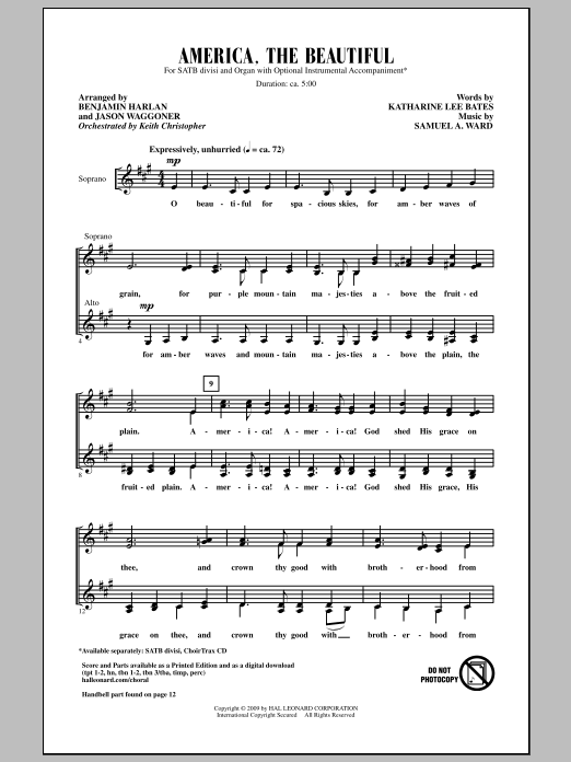 Download Benjamin Harlan America, The Beautiful Sheet Music and learn how to play SATB Choir PDF digital score in minutes