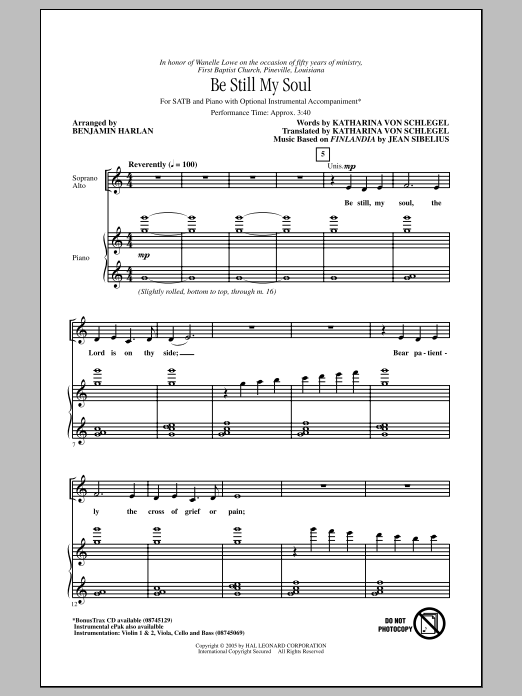 Download Benjamin Harlan Be Still My Soul Sheet Music and learn how to play SATB PDF digital score in minutes