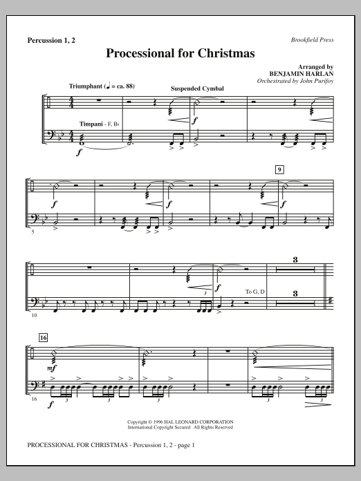 Download Benjamin Harlan Processional For Christmas - Percussion 1 & 2 Sheet Music and learn how to play Choir Instrumental Pak PDF digital score in minutes