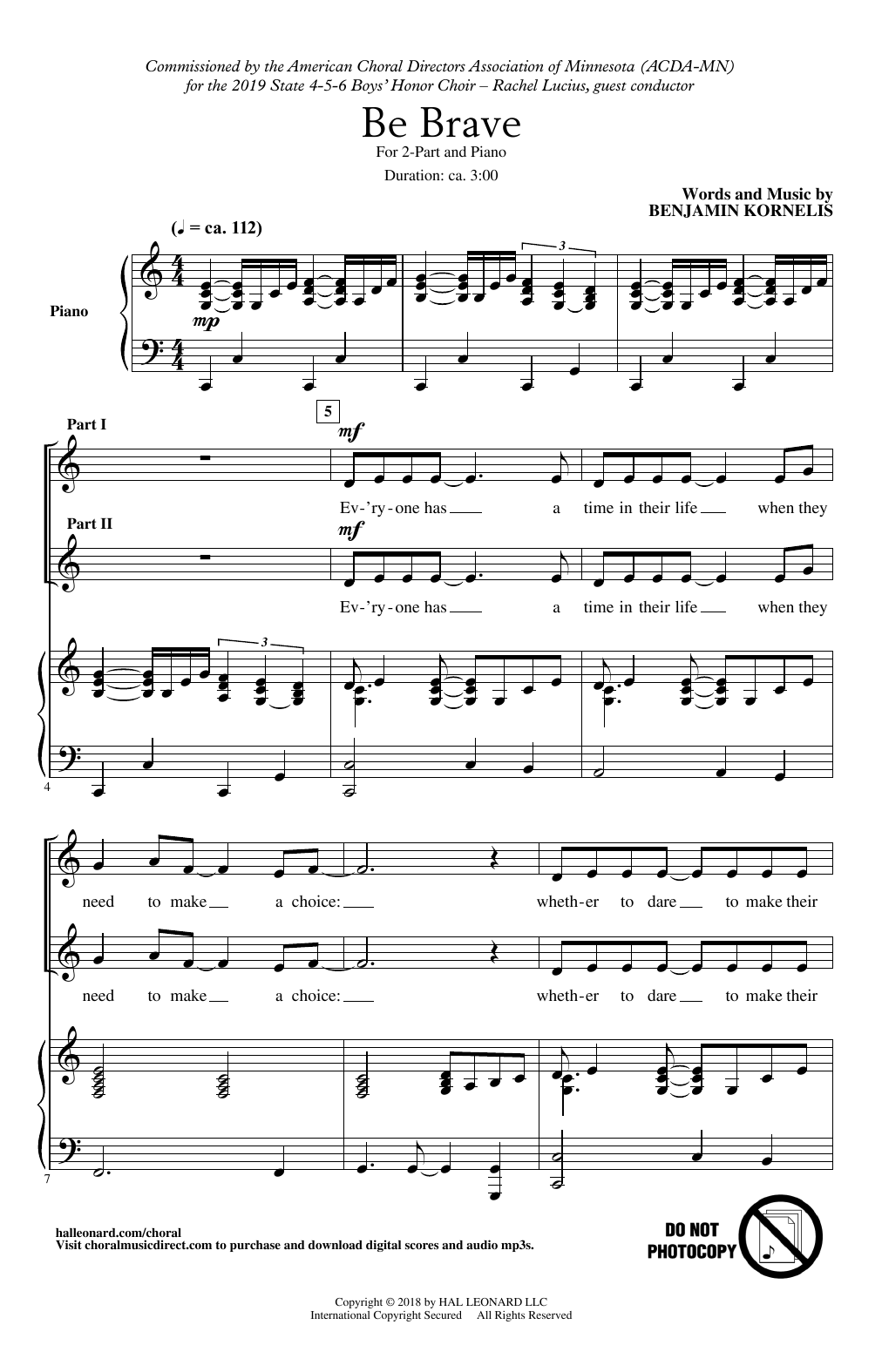 Download Benjamin Kornelis Be Brave! Sheet Music and learn how to play 2-Part Choir PDF digital score in minutes