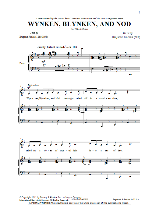 Download Benjamin Kornelis Wynken, Blynken And Nod Sheet Music and learn how to play 2-Part Choir PDF digital score in minutes