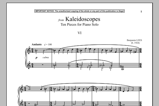 Download Benjamin Lees Kaleidoscopes, Ten Pieces For Piano Solo, VI. Sheet Music and learn how to play Piano PDF digital score in minutes