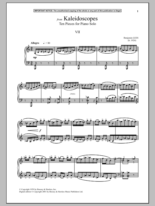 Download Benjamin Lees Kaleidoscopes, Ten Pieces For Piano Solo, VII. Sheet Music and learn how to play Piano PDF digital score in minutes
