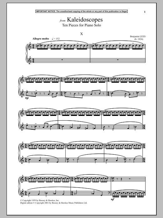 Download Benjamin Lees Kaleidoscopes, Ten Pieces For Piano Solo, X. Sheet Music and learn how to play Piano PDF digital score in minutes
