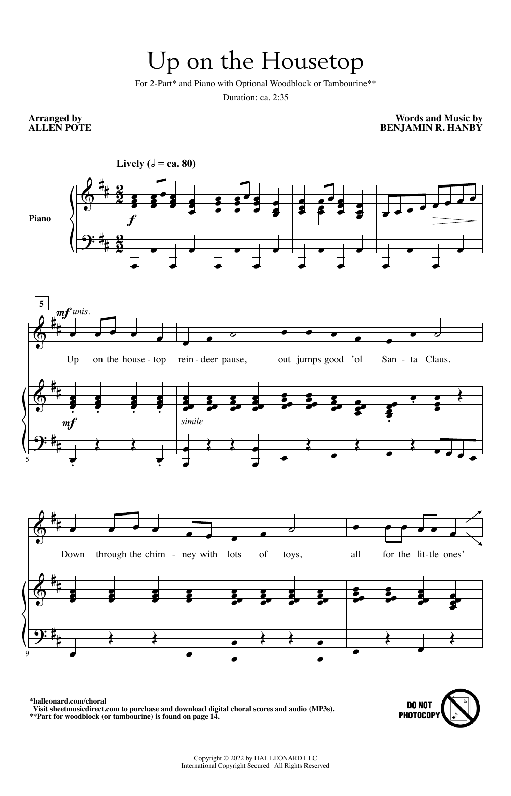 Download Benjamin R. Hanby Up On The Housetop (arr. Allen Pote) Sheet Music and learn how to play 2-Part Choir PDF digital score in minutes