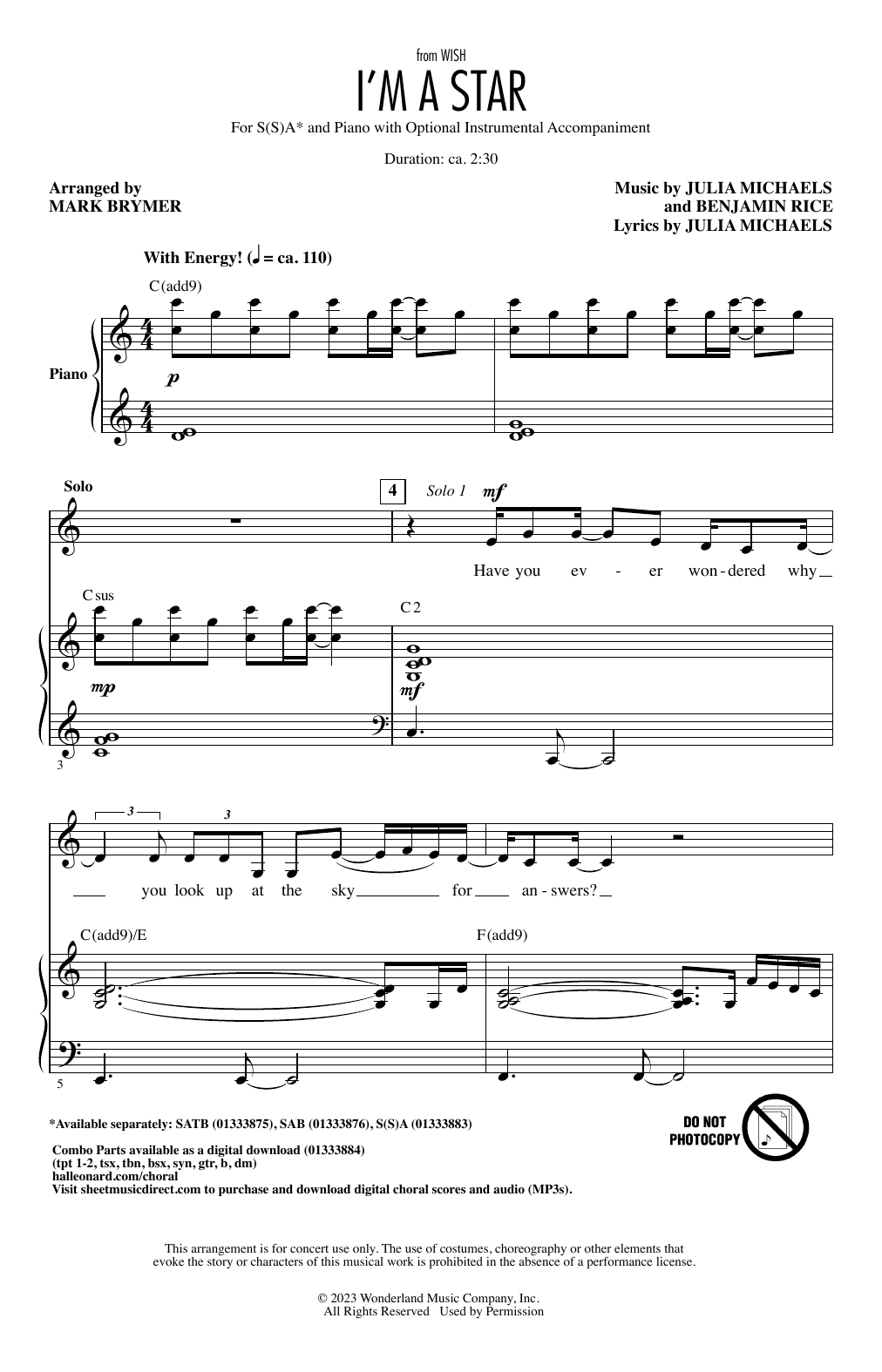 Download Benjamin Rice and Julia Michaels I'm A Star (from Wish) (arr. Mark Brymer) Sheet Music and learn how to play SAB Choir PDF digital score in minutes