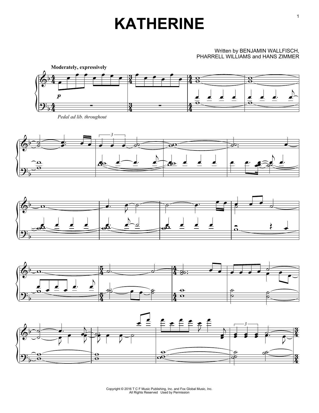 Download Benjamin Wallfisch Katherine Sheet Music and learn how to play Piano, Vocal & Guitar (Right-Hand Melody) PDF digital score in minutes