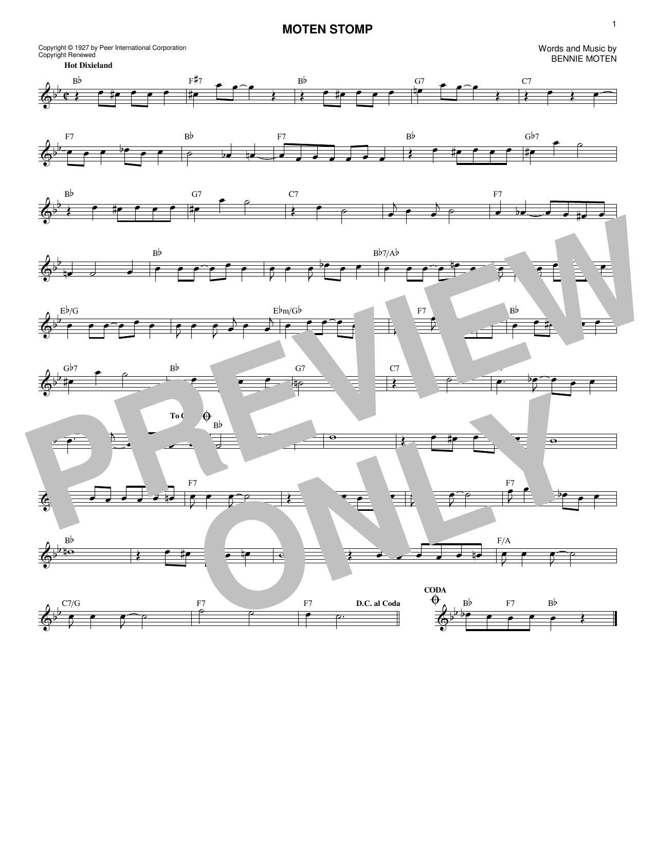 Download Bennie Moten Moten Stomp Sheet Music and learn how to play Melody Line, Lyrics & Chords PDF digital score in minutes