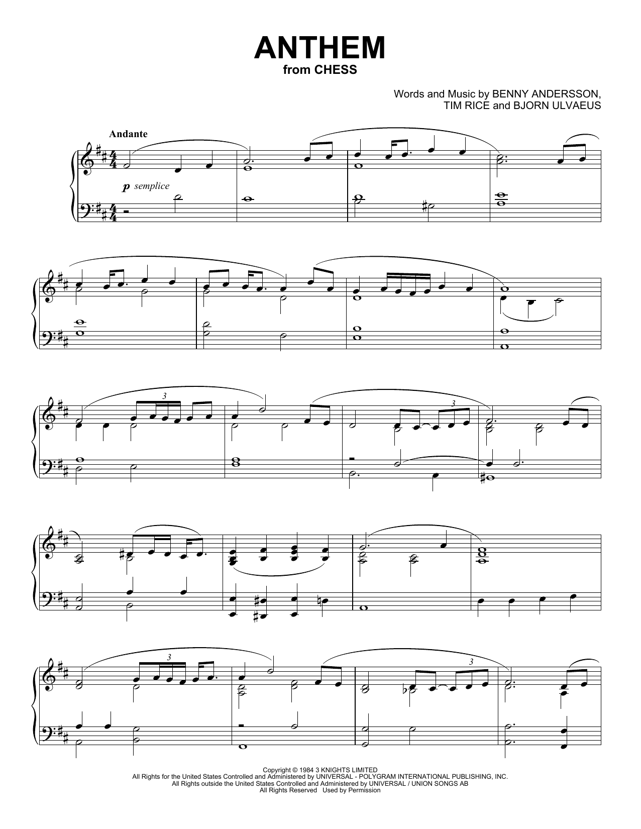 Download Benny Andersson & Bjorn Ulvaeus Anthem (from Chess) (Peaceful Piano Solo) Sheet Music and learn how to play Piano Solo PDF digital score in minutes