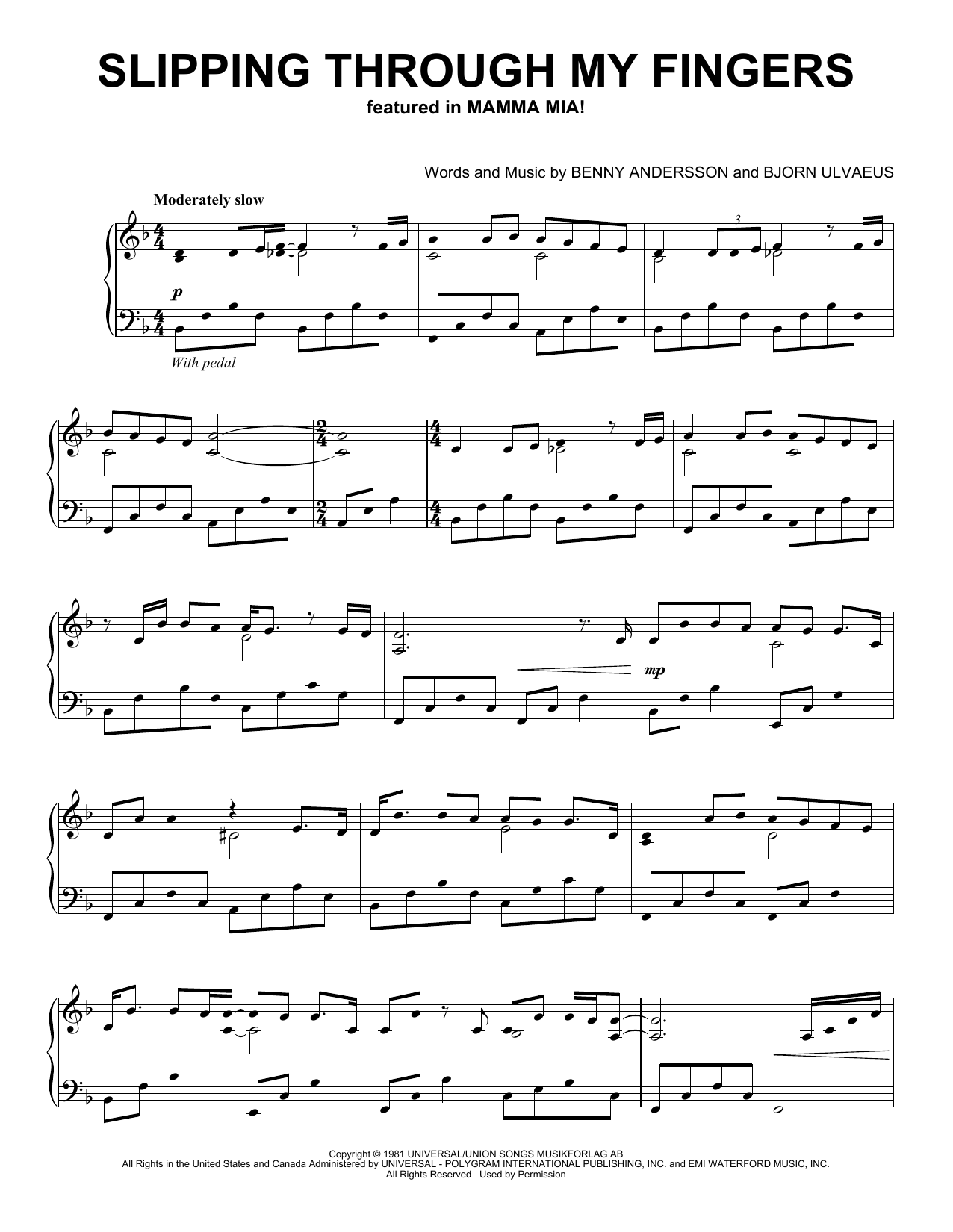 Download Benny Andersson & Bjorn Ulvaeus Slipping Through My Fingers (from Mamma Mia!) (Peaceful Piano Solo) Sheet Music and learn how to play Piano Solo PDF digital score in minutes