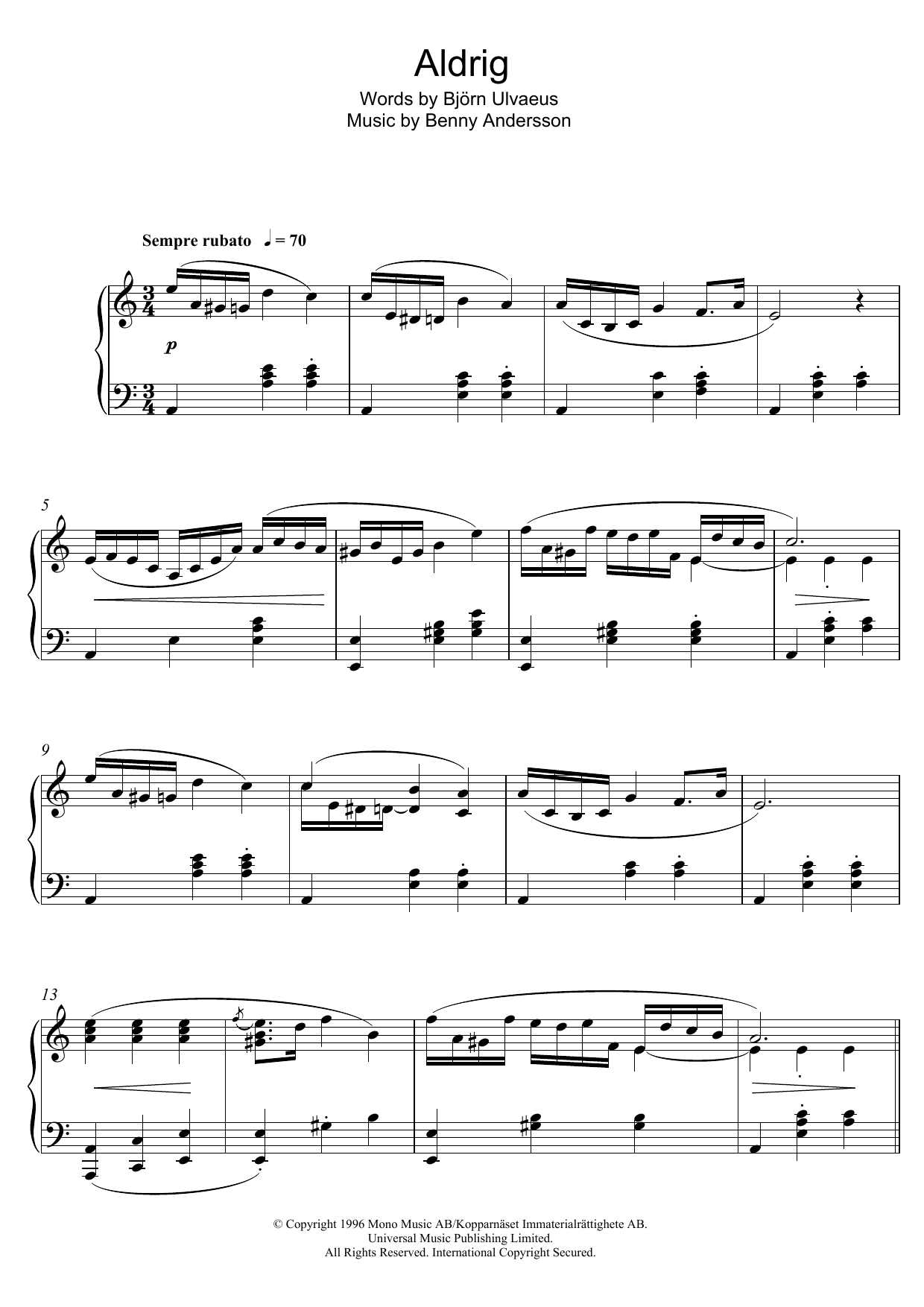 Download Benny Andersson Aldrig Sheet Music and learn how to play Piano Solo PDF digital score in minutes