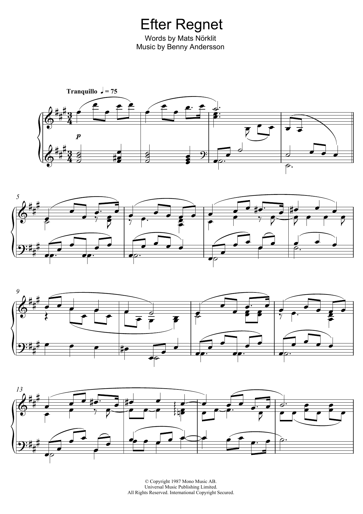Download Benny Andersson Efter Regnet Sheet Music and learn how to play Piano PDF digital score in minutes