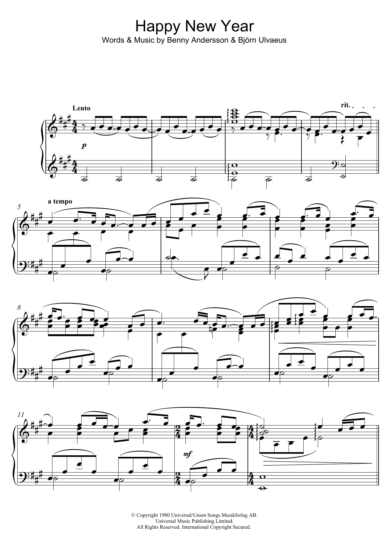 Download Benny Andersson Happy New Year Sheet Music and learn how to play Piano PDF digital score in minutes
