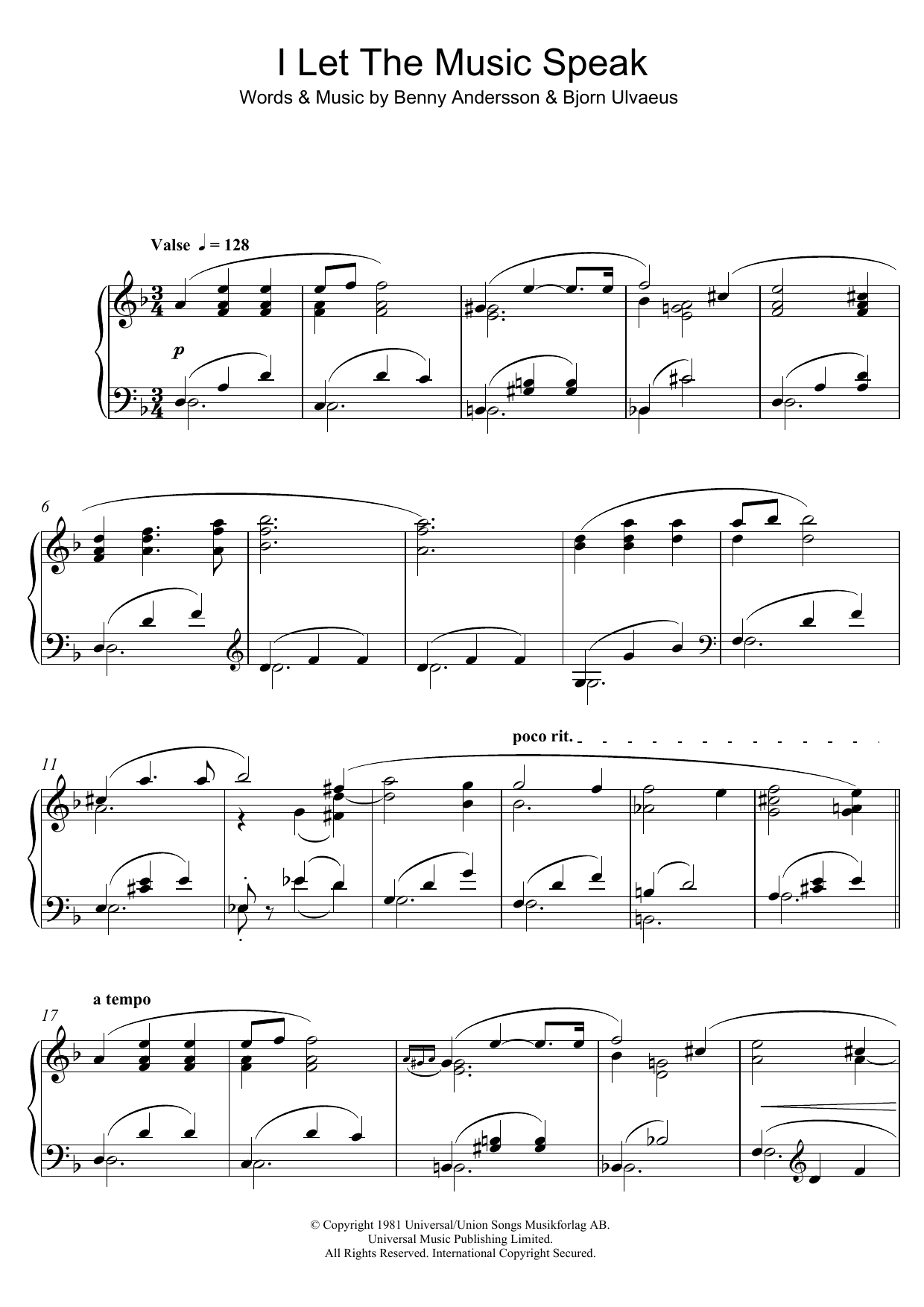 Download Benny Andersson I Let The Music Speak Sheet Music and learn how to play Piano PDF digital score in minutes